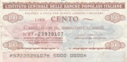 MINIASSEGNO ISTITUTO BANCHE POPOLARI ITALIANE ASS COMM AREZZO L.100 CIRCOLATO (YM793 - [10] Cheques En Mini-cheques
