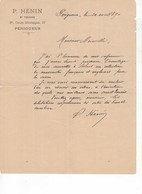 580 FACTURE LETTRE P. HENIN TAILLEUR PERIGUEUX  37 Cours MONTAIGNE 24 24/04/1890 Vêtements - Kleding & Textiel