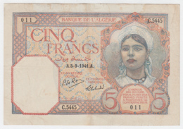 Algeria 5 Francs 1941 VF+ CRISP Banknote Pick 77b 77 B - Algerien