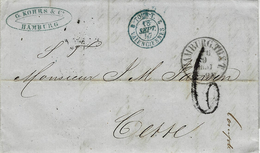 1847- Lettre De Hamburg Pour Cette -taxe Tampon 6 D.  Entrée TOUR.T 2 VALENCIENNES 2 Bleu - Entry Postmarks