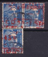 FRANCE - 15 F. Gandon En Bloc De 3 Avec Une Surcharge Rouge Inconnue - Used Stamps