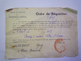 2020 -  5802  MAIRIE De TOULOUSE  :  Ordre De REQUISITION  Du 8 NOV 1943   XXX - Non Classés