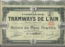 LOT DE 12 ACTIONS DE 100 FRS - COMPAGNIE DES TRAMWAYS DE L'AIN -ANNEE 1906 - Ferrovie & Tranvie