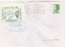 LIBERTE 2F + VIGNETTE GREVE PTT 1989 AJACCIO SUR ENVELOPPE NICE 15/3/89 GRIFFE COURRIER PRIVE - Documentos