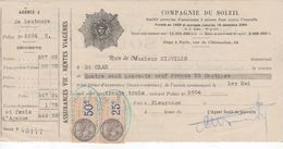 1478 QUITTANCE FACTURE Assurance Compagnie Du Soleil  1933  MESTHE 32 Lectoure Fleurance Gers   Timbre Fiscal - Bank En Verzekering