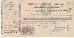 1479 QUITTANCE FACTURE Assurance Compagnie Du Soleil  1936  MESTHE 32 Lectoure Fleurance Gers   Timbre Fiscal - Banco & Caja De Ahorros