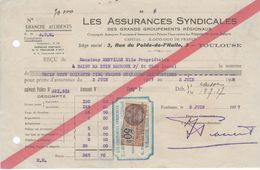 1488 QUITTANCE FACTURE Assurance Syndicales TOULOUSE 1927 32 St Martin St Clar Mauroux Gers Timbre Fiscal - Bank & Insurance