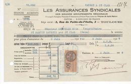 1489 QUITTANCE FACTURE Assurance Syndicales TOULOUSE 1928 AUTO 32 St Martin St Clar Mauroux Gers Timbre Fiscal - Banco & Caja De Ahorros