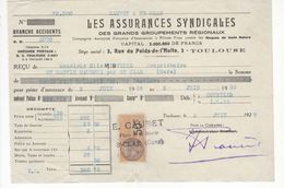 1490 QUITTANCE FACTURE Assurance Syndicales TOULOUSE 1929 AUTO Caubet  32 St Martin St Clar Mauroux Gers Timbre Fiscal - Bank En Verzekering