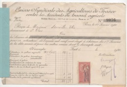 1492 QUITTANCE FACTURE Caisse Syndicale Agriculteurs De France 1 Janvier 1920 32 St  Clar Gers Timbre Fiscal - Banco & Caja De Ahorros