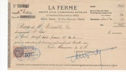 1495 QUITTANCE FACTURE Assurance  La Ferme 1931 Paris  32 MESTHE Fleurance  Lectoure St Clar   Gers Timbre Fiscal - Banca & Assicurazione