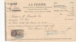 1496 QUITTANCE FACTURE Assurance  La Ferme 1929 Paris  32 MESTHE Fleurance  Lectoure St Clar   Gers Timbre Fiscal - Bank & Versicherung