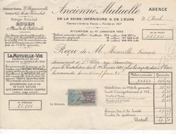 1502 QUITTANCE FACTURE Assurance Ancienne Mutuelle Rouen 1er Janvier 1920  Auch  St Clar   Gers Timbre Fiscal - Banco & Caja De Ahorros