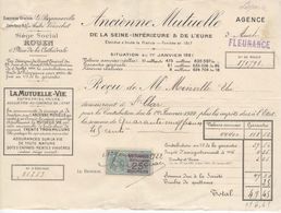 1503 QUITTANCE FACTURE Assurance Ancienne Mutuelle Rouen 1er Janvier 1922 Fleurance St Clar   Gers Timbre Fiscal - Banco & Caja De Ahorros