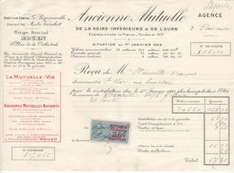 1505 QUITTANCE FACTURE Assurance Ancienne Mutuelle Rouen 1er Janvier 1923 Fleurance St Clar   Gers Timbre Fiscal - Bank & Insurance