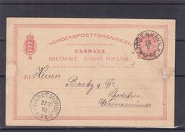 Danemark - Carte Postale De 1892 - Entier Postal - Oblit Kjobenhavn - Exp Vers Warnemünde - Brieven En Documenten