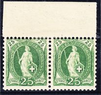 1891 25 Rp. Bogenrand Paar Grün, Postfrisch. Kat. Nr. 67C,  CHF 2000 +. Rückseitig Signiert Moser. - Neufs