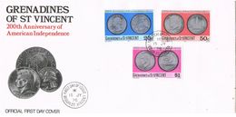 36680. Carta F.-D.C. BECQUIA St. VINCENT, Greanadines 1976. Coins Independence USA - Monnaies