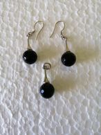 Handmade Bijouterie Silver Tone Earrings And A Pendant With Natural Onyx Faceted Beads - Aretes