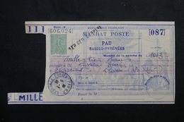 FRANCE - Mandat De Poste Au Type Semeuse Vert Sans Le Sage , De Pau En 1948 - Rare , Superbe état  - L 62704 - Other