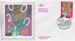 Enveloppe  FDC  1er  Jour   MONACO    24éme  FESTIVAL  INTERNATIONAL  Du  CIRQUE    2000 - Circo