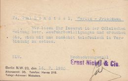 Deutsches Reich Uprated Postal Stationery Ganzsache Entier PRIVATE Print ERNST NICKEL & Cie, BERLIN 1920 FRIEDENAU - Cartoline