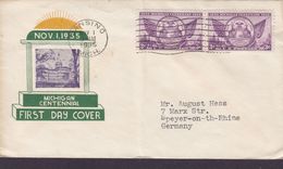 United States FDC LANSING Michigan 1935 Cover Ersttags Brief Sent To SPEYER A. Rh. Germany 2x Michigan Centenary - 1851-1940