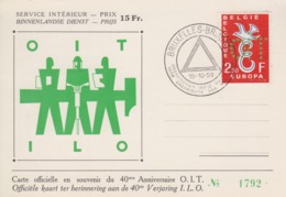 Carte  BELGIQUE  40éme  Anniversaire  Organisation  Internationale  Du  Travail    Timbre  Perforé  1959 - Cartes Souvenir – Emissions Communes [HK]