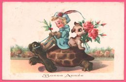 Fantaisie - Bonne Année - Fillette à Dos De Tortue - Rose - Chiot - Animée - Turtles