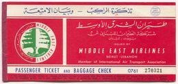 MEA /  MIDDLE EAST AIRLINES - BEIRUT LEBANON LIBAN, PASSENGER TICKET & BAGGAGE CHECK, BILLET COUPON, Year 1961 - Tickets