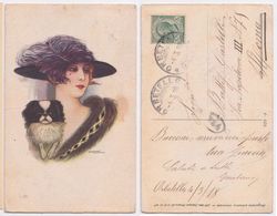 Nanni - Donna Con Cappello Di Piume E Pechinese, Signee, Art Noveau Portrait, Femme Chapeau Avec Chien Pekinois, 1918 - Nanni