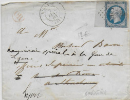 1861 - EMPIRE BORD DE FEUILLE Sur ENVELOPPE De MIRANDE (GERS) => STRASBOURG REEXPEDIEE LYON - OR ROUGE ! NON IDENTIFIE - 1853-1860 Napoleon III