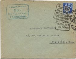 LETTRE OBLITERATION DAGUIN -YONNE- " TONNERRE -ANC.HOPITAL -ANC EGLISES -Fsse DIONNE-1937 - Annullamenti Meccaniche (Varie)