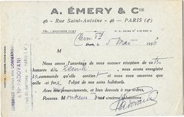 PARIS (IV)  Carte Commerciale Publicitaire A EMERY 46 Rue Saint Antoine 1936 - Arrondissement: 04