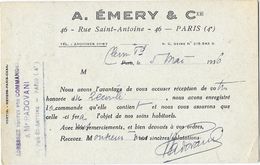 PARIS (IV)  Carte Commerciale Publicitaire A EMERY 46 Rue Saint Antoine 1936 - District 04