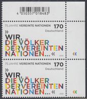 !a! GERMANY 2020 Mi. 3549 MNH Vert.PAIR From Upper Right Corner - 75 Years Of United Nations - Unused Stamps