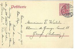 ALLEMAGNE Alsace 1911:  CP (entier De 10p) De Colmar Pour Genève, CAD - Cartoline