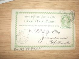 Union Postale Universelle Canada Post Card 1893 To Holland - Covers & Documents