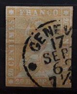 SUISSE, 1854 HELVETIA  Yvert No 29,  20 R Orange   , Obl  GENEVE , 17 Septembre 1962 ,BTB - Gebraucht