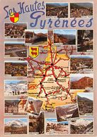 Souvenir Des Hautes-Pyrénées - Carte Départemental + Petites Photos : Ossun, Tarbes, Ski, Chien, Bartres, Lac D'Oncet... - Zonder Classificatie