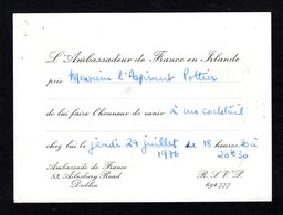RARE - Carte D'invitation Pour Un Cocktail à L'Ambassade De France à Dublin - Irlande En 1976 - Empfänge