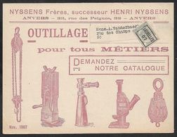 1907 BELGIQUE - PRÉOBLITÉRÉ 1C   - IMPRIMÉ ILLUSTRÉ PUBLICITÉ - OUTILLAGE A ANVERS - Rollo De Sellos 1900-09