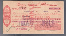 SAINT THOMAS AND PRINCE  CHEQUE 100 ESCUDOS  31 031947 VF+ PICK 35A Lotto.2836 - San Tomé E Principe