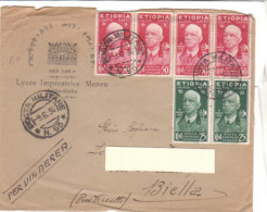 A3842 - COLONIE 4x50 + 2x 25 Cent V.Em. III Etiopia Su Busta Lycee Imperatrice Addis-Abeba POSTA MILITARE VG Biella 1936 - Aethiopien