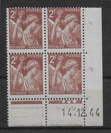 France N°653 - Variété Impression Défectueuse - Bloc De 4 Coin Daté - Neuf **/* - TB - Unused Stamps