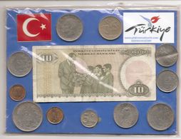 Turchia - Souvenir Con 11 Monete Diverse + 1 Banconota + 1 Cartolina - Turkey