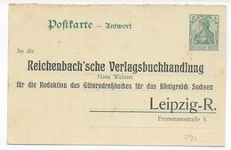 REICH / GERMANIA - 1908 - CP ENTIER Mi.P81 "ANTWORT" Avec REPIQUAGE PRIVE "REICHENBACH'SCHE VERLAGSBUCHHANDLUNG" LEIPZIG - Cartoline