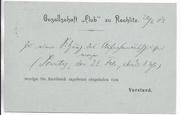 GERMANIA - 1902 - CP ENTIER MiP44b II Avec REPIQUAGE "GESELLSCHAFT CLUB" De ROCHLITZ => ROCHLITZ - Cartoline