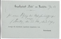 GERMANIA - 1902 - CP ENTIER MiP44b II Avec REPIQUAGE "GESELLSCHAFT CLUB" De ROCHLITZ => ROCHLITZ - Postcards