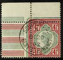 1887-92  4½d Green And Carmine 'Jubilee' (SG 206) A Used Example From The Top- Left Corner Of The Pane Cancelled By Supe - Sonstige & Ohne Zuordnung
